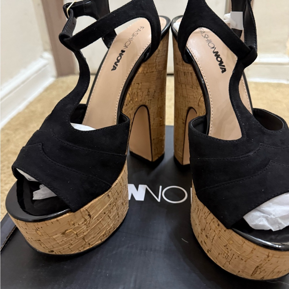 Fashion Nova Black Suede Cork Platform Sandals